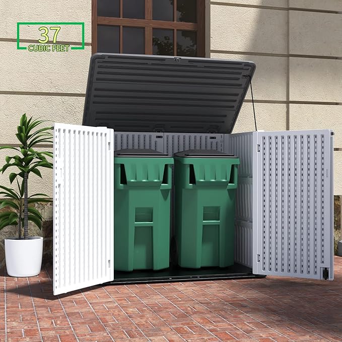 ADDOK 2SG Larger Horizontal Storage Shed Wood-Like, 4.4 x 2.8 ft Outdoor Storage Cabinet Lockable, Thick Resin Storage Unit for Trash Cans, Yard Tools（38 Cu.ft