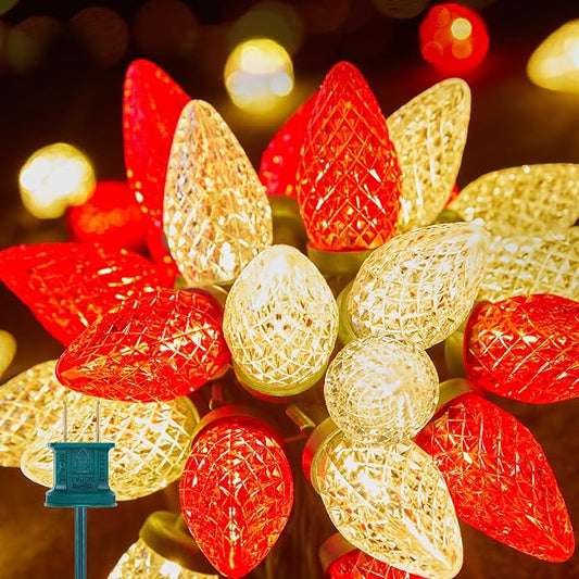 Brightown Red and Warm White C9 LED Christmas String Lights, 33ft 50 LED Waterproof Strawberry String Lights, Plug-in Extendable Green Wire Lights String for Outdoor Indoor Patio Party Decoration