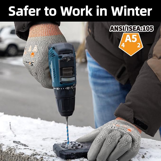 Schwer 12 Pairs Winter Work Gloves, ANSI A5 Cut Resistant Gloves with PU Coating, Freezer Glove for Outdoor Cold Weather, Thermal Insulated, Non Slip, Durable, L, CR3088-W