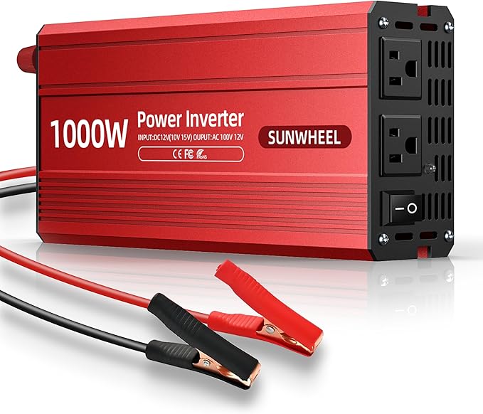 SUNWHEEL 1000W Power Inverter, DC 12V to 110V AC Car Inverter with LCD Screen Display, 2 AC Outlets, Equipped with 2 Clips for Truck, Home, Vehicles, Laptop, Trip