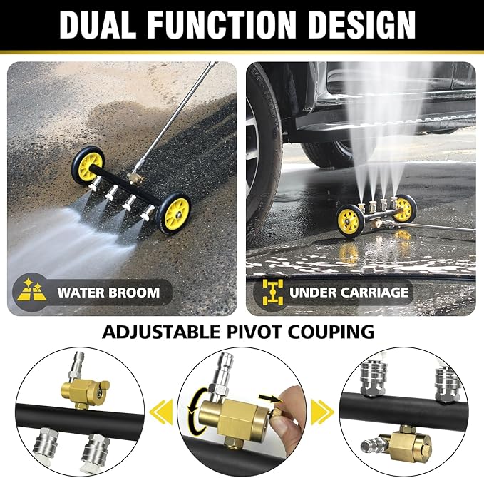 JANZ 16'' Pressure Washer Undercarriage Cleaner and Water Broom Attachment - 4000PSI, 1/4'' Connector - for Electric and Gas Power Washers with 8 replaceable nozzles