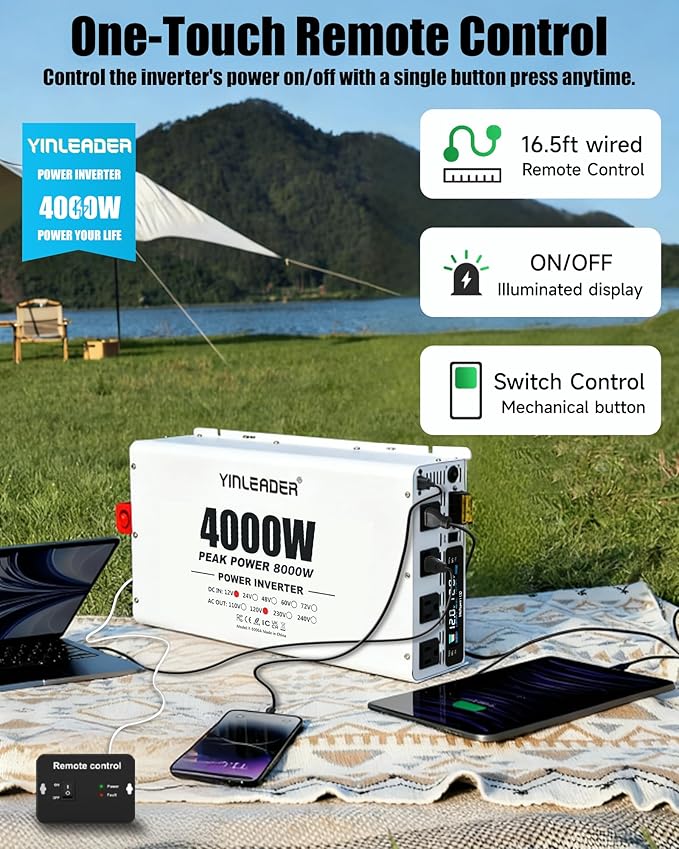 4000W Power Inverter 12V to 110V/120V, Solar Inverter Remote for RV Camping Off-Grid Solar Inverter Systems