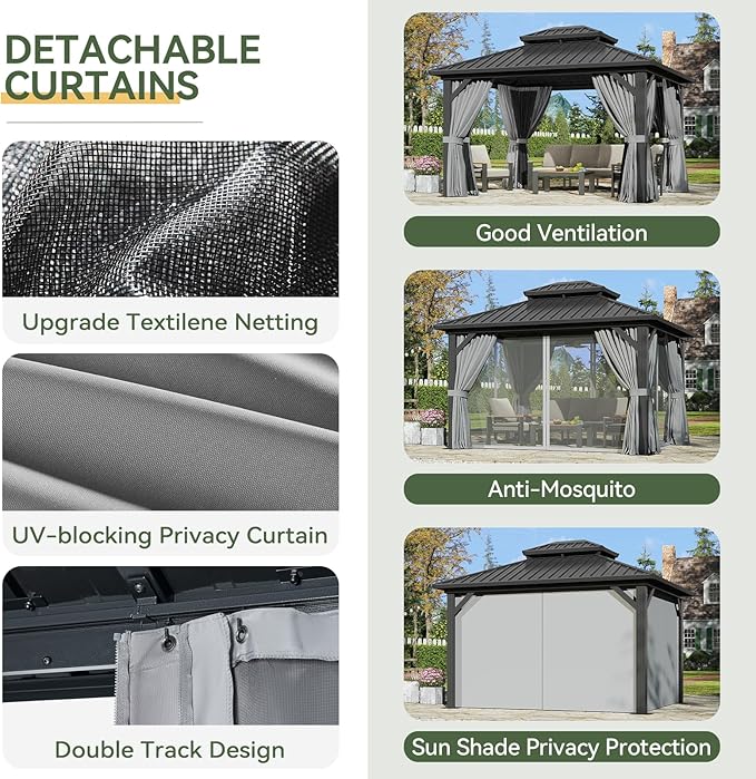 Aoxun 12'x10' Hardtop Gazebo with Light, Aluminum Frame Permanent Pavilion with Curtains and Netting, Outdoor Galvanized Double Roof Canopy, Designed for Garden, Lawns, Patio