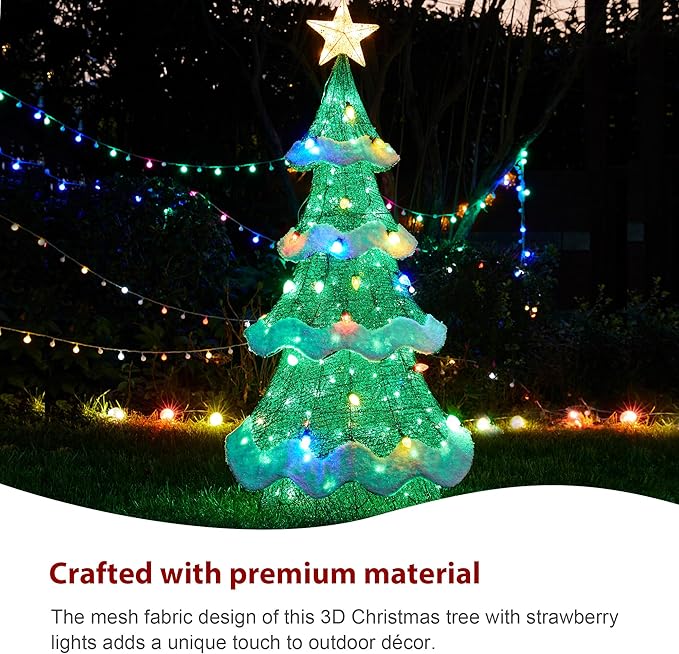 Glitzhome 56.25" H Lighted Christmas 3D Mesh Tree, Outdoor Decor with Colorful Long-Lasting Bulbs Holiday Lawn Ornament Yard Decoration Outdoor and Indoor use Long Lasting, 171 Green LED Lights