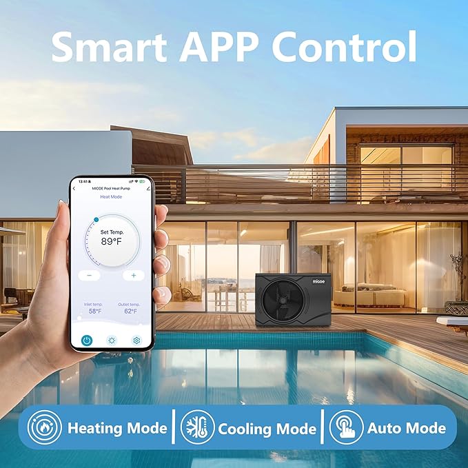 MICOE 35000 BTU Pool Heater for Above Ground Pool and Inground Pool up to 24ft (11/18/24ft) / 12000 Gallons, Inverter Electric Swimming Pool Heat Pump, Heating and Cooling Mode (35000 BTU)