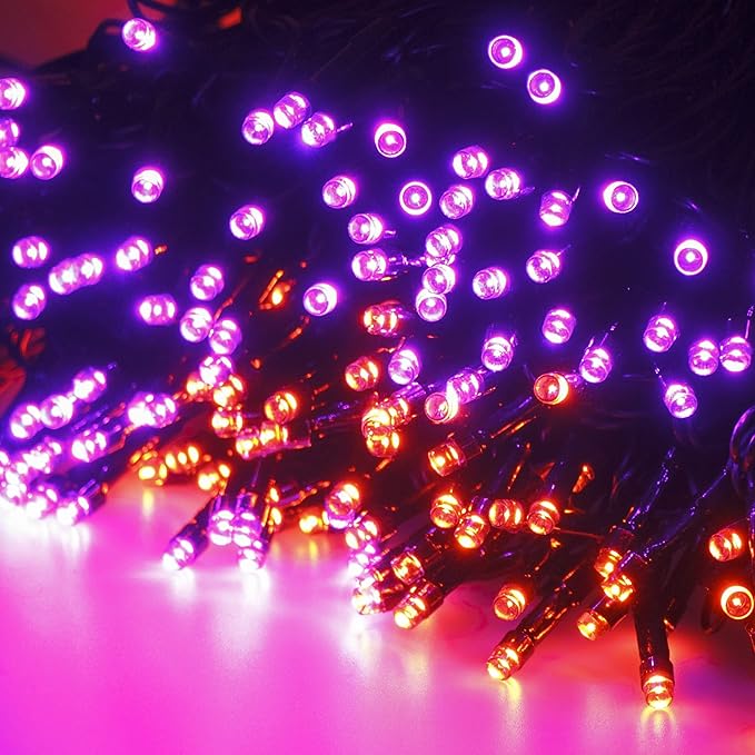 300 LED Halloween String Lights, 98.5FT with 8 Modes, Waterproof, Plug in for Indoor/Outdoor Party Decorations (Purple & Orange)