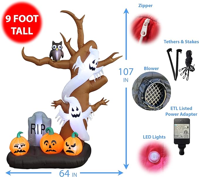 9 Foot Tall Halloween Inflatable Tree with Ghosts, Pumpkins, Owl and Tombstone LED Lights Decor Outdoor Indoor Holiday Decorations, Blow up Lighted Yard Decor, Lawn Inflatables Home Family Outside