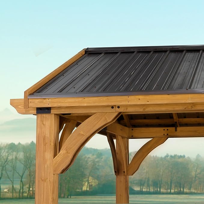 Backyard Discovery Arlington 12' x 10' Cedar Wood Outdoor Gazebo Pavilion with Hardtop Galvanized Steel Peak Roof, Snow Support, Wind Resistance, PowerPort, Shade for Garden, Patio, Deck, Entertaining