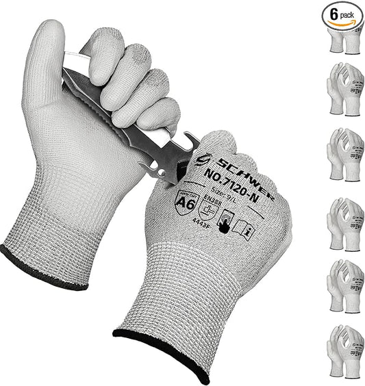 Schwer 6 Pairs ANSI A6 Cut Resistant Gloves CR7120 Cut Proof Work Gloves, Touchscreen, for Men and Women Used for Woodworking, Glass Cutting, Construction, Cargo Handling, Car Repair, L