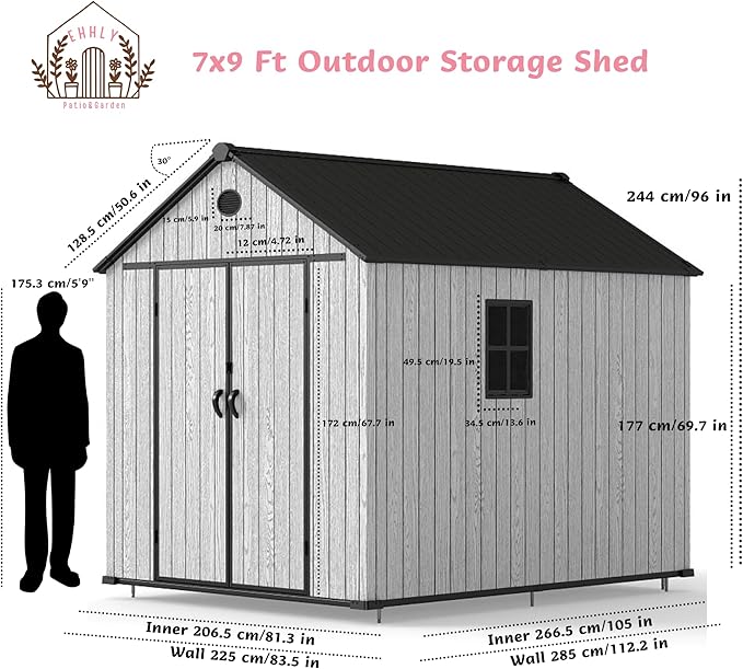 7.4x9.3 FT Resin Outdoor Storage Shed Large, 552 Cuft Garden Tool Sheds & Outdoor Storage Plastic Shed with Floor, 8FT Tall Backyard Lawn Mower Storage Shed with Side Window, Cemented Grey