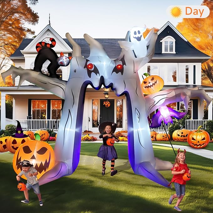 10FT Halloween Inflatable Archway, Giant Blow up Arch Yard Decorations withTree, Pumpkin, Bat, Ghost &Cat, Outdoor Halloween Decorations Build-in LEDs Lights for Yard, Party, Garden, Lawn