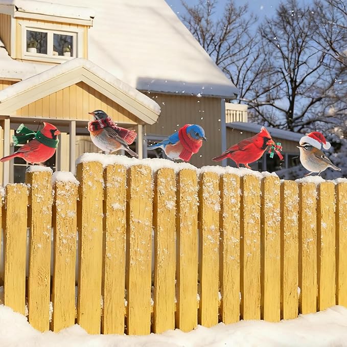 HUYIENO 5PCS Vibrant Metal Bird Decorations Christmas Fence Decor Colorful Garden Birds for Fences, Patio & Outdoor Decor for Christmas Ornament