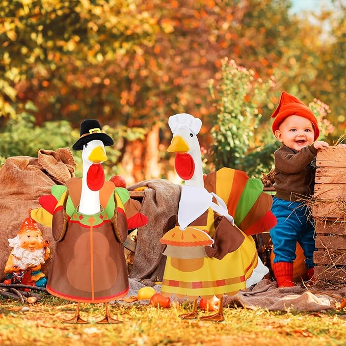 Abbylike 2 Set Thanksgiving Porch Goose Outfits Turkey Goose Clothes Costume Fit Large 23'' Cement for Garden Yard Decoration