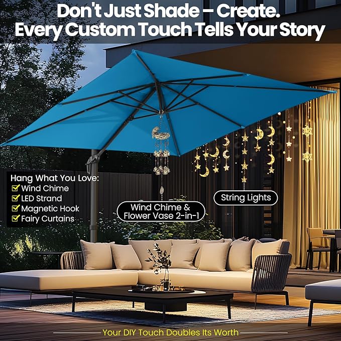 Hotime 10ft Patio Umbrella Outdoor Patio Height adjustable and Windproof, Heavy Duty Aluminum Square Offset Patio Umbrella Cantilever Pool Umbrella with 360°Rotation for Garden Deck Pool, Light Blue