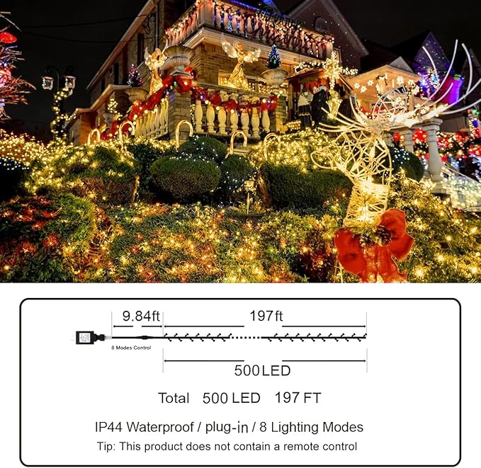 KNONEW 197FT 500 LED Christmas Lights Outdoor String Lights 8 Modes & Memory Fairy Light Plug in Waterproof LED String Lights for Xmas Yard Tree Wedding Party Holiday Decorations (Warm White)