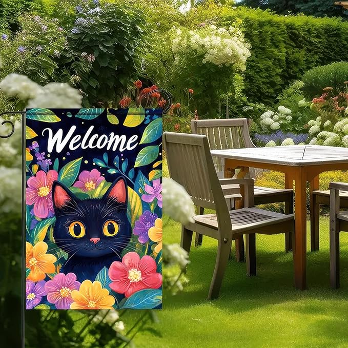 Welcome Spring Garden Flag 12x18 InchDouble Sided Hello Spring Black Cat Outdoor Yard Decoration Summer Farmhouse Holiday Yard Flag Floral Design Spring Home Decor Flags