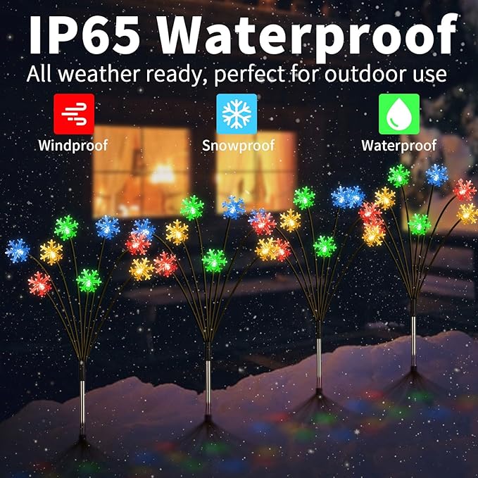 Set of 4 Snowflake Solar Christmas Decorations, 8 Modes Swaying Garden Lights, Outdoor Pathway Solar Christmas Stake Lights, Upgraded Base on Firefly Light for Lawn Decor (Multicolor)