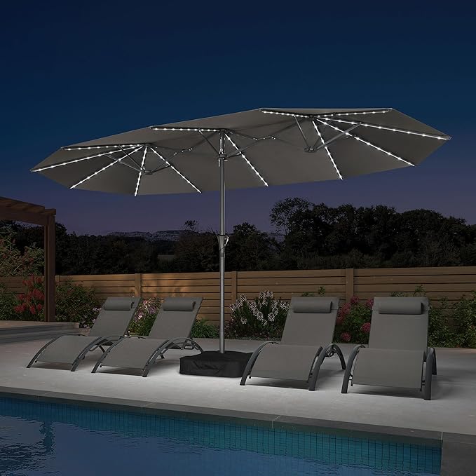 PURPLE LEAF 14ft Patio Umbrella with Solar Lights Outdoor Double-Side Market Umbrella with Base Included Rectangle Table Umbrella for Pool Garden Backyard, Grey