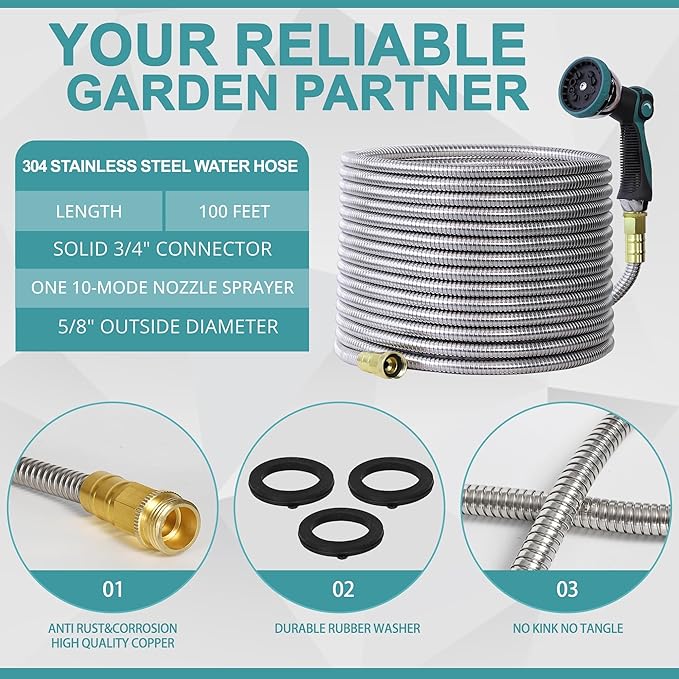 100FT Garden Hose, 304 Stainless Steel Water Hose, Flexible with a 10-Mode Nozzle Sprayer, No Kink, Lightweight, Puncture Proof, Ideal for Yard, Lawn, Outdoor