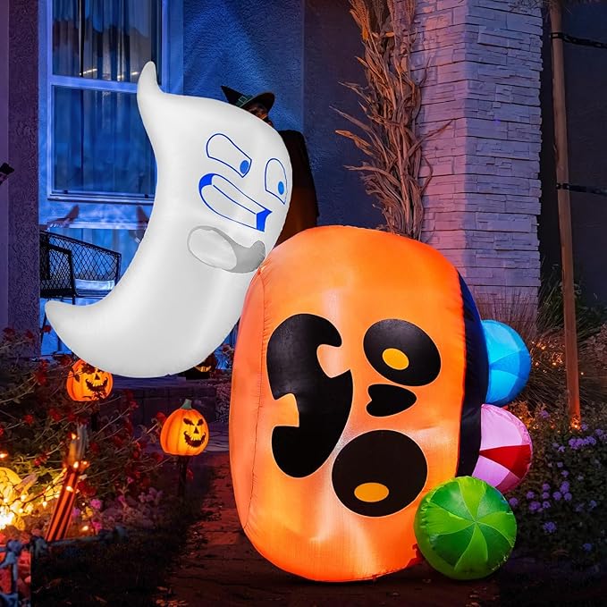 Joiedomi 5 ft Tall Halloween Inflatable Outdoor Decoration, Halloween Blow Ups Cute Ghost Halloween Decorations with Pumpkin Candy Bag with LEDs for Yard Decor