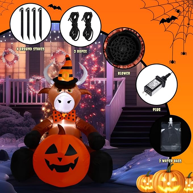 Soulchen 5FT Halloween Inflatable Highland Cow Outdoor Decorations with Witch Hat Holding Pumpkin Built-in LED Lighted Halloween Blow up for Yard Garden Lawn Holiday Party Decor