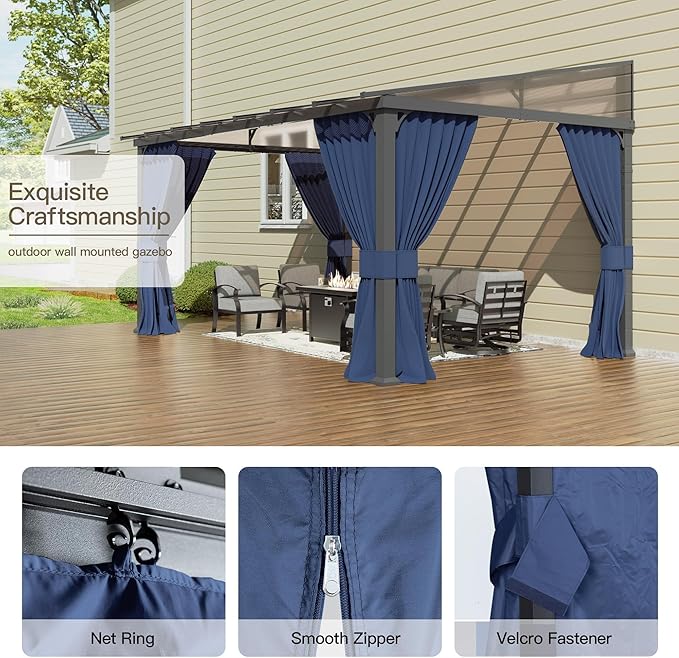 10’ x 24’ Gazebo for Patio,Wall Mounted Gazebo with Sloping Polycarbonate Roof,Aluminum Frame Outdoor pelgole w/Netting & Curtain for Garden,Backyard,Navyblue