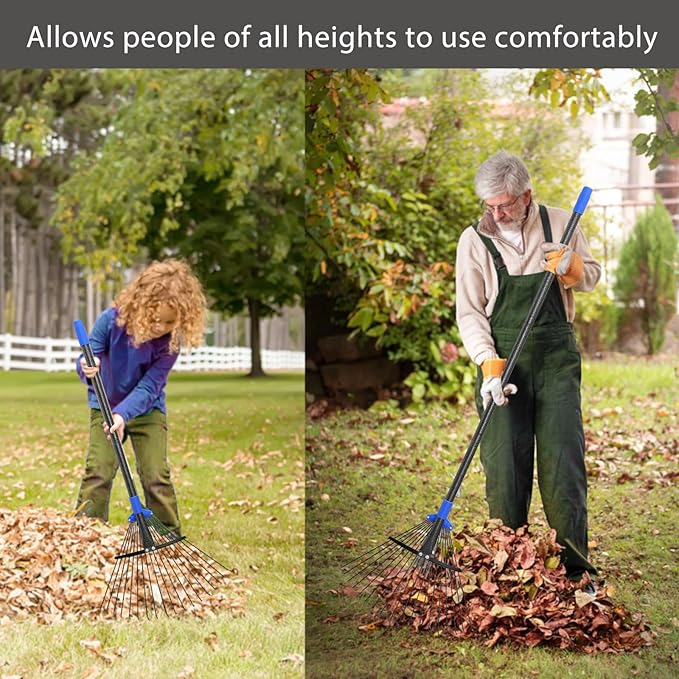 Metal Rake for Leaves Heavy Duty, Adjustable Garden Leaf Rake with Expandable Head 8-17", Shrub Pine Needle Kids Hand Yard Rake Garden Tool 30-70"
