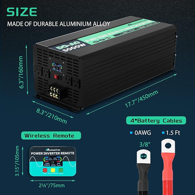 5000W Pure Sine Wave Power Inverter 12V DC to 110V AC with Wireless Remote Control LCD Display 1 USB Port, 4 AC Outlets, 1 Terminal Blocks for RV Truck Cabin Off Grid