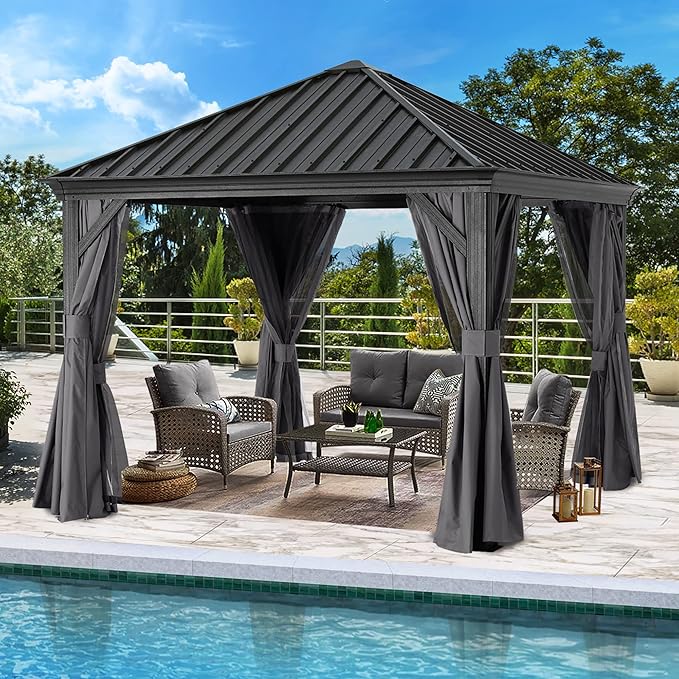 ABCCANOPY Hardtop Gazebo 10x10 - Outdoor Metal Hard Top Gazebo, Permanent Galvanized Steel Aluminum Framed Pavilion with Netting and Curtain for Patio Backyard Lawn Garden (Single Roof, Gray)