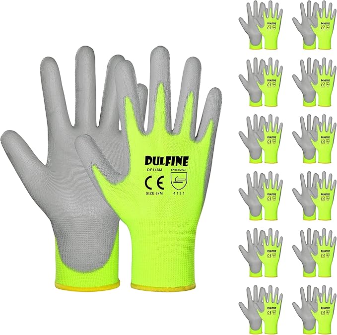 Safety Work Gloves for Men PU Coated 12 Pairs Bulk Pack,Hi-Vis Yellow Seamless Knit Glove with thin Polyurethane Coated Smooth Grip on Palm & Fingers,Ideal for General Duty Work (XX-Large)