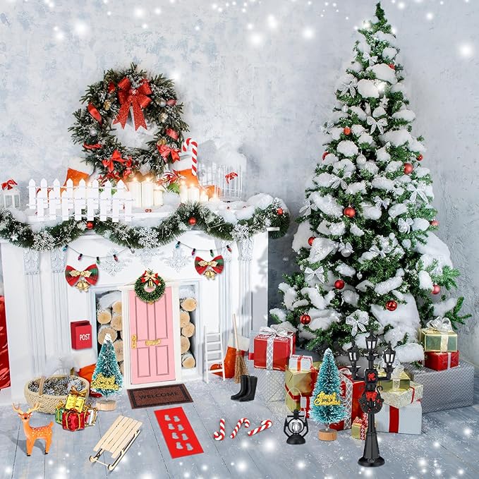 Shappy 39 Pcs Christmas Fairy Door Kit Wooden Elf Fairy Doors Decorations with Accessories Mini Door Tiny Miniature for Christmas Tale DIY Craft Garden Home Party Decoration (Pink)