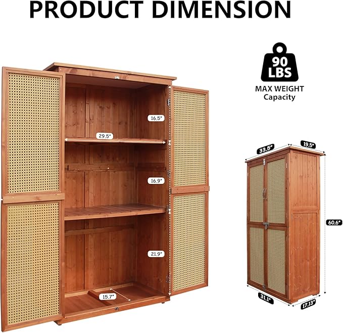 60 Inches Outdoor Storage Shed, Wood Shed with Rattan Indoor Storage Cabinet with Floor, Adjustable Shelves for Patio, Garden,Lawn and Living Room, Brown