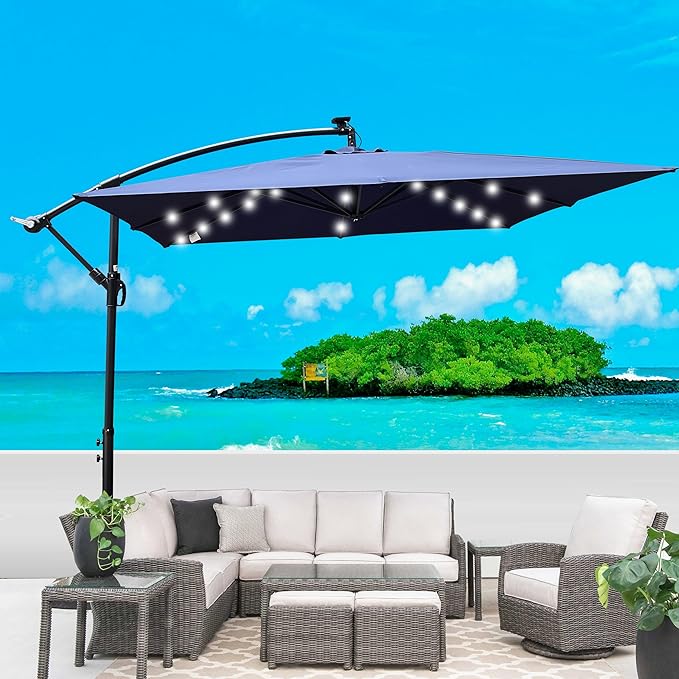 8x8FT Patio Umbrella, Outdoor Offset Umbrella with Cross Base and Crank, Square Cantilever Umbrella with Solar Lights, Hanging Market Umbrella with 8 Rids for Pool, Deck, Backyard (Navy Blue)