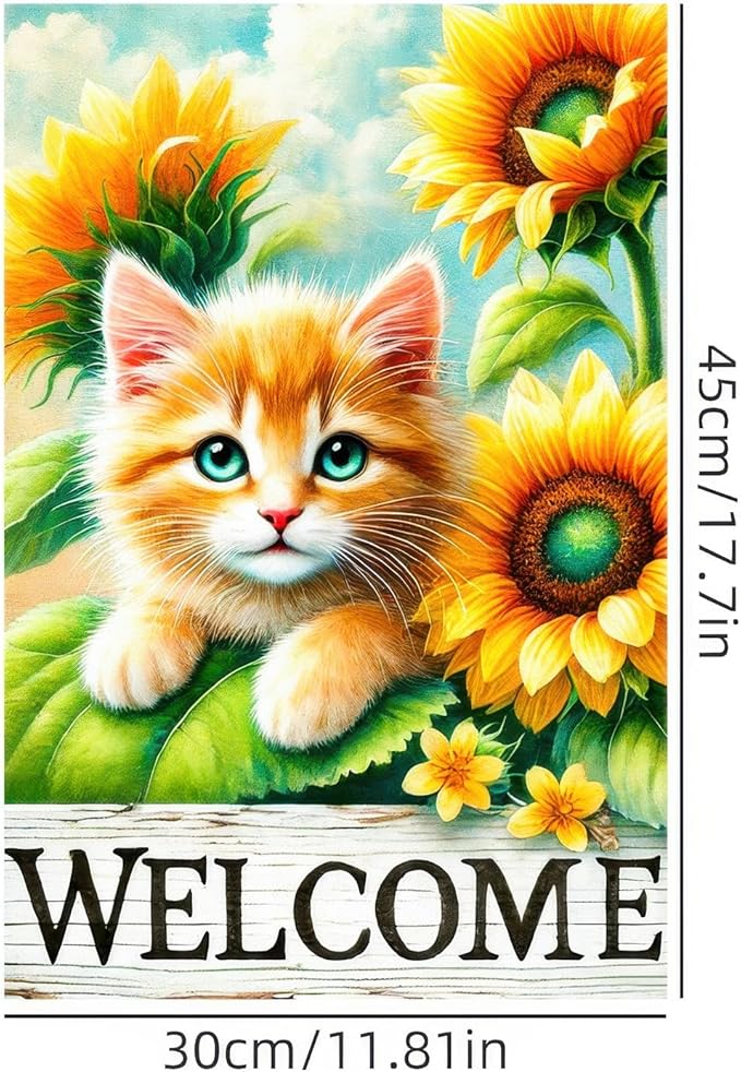 Spring Garden Flag 12x18 Inches Double Sided Cute Cat Welcome Yard Flags Sunflower Summer Seasonal Flower for Outside Decor Home Farmhouse Holiday Decorations