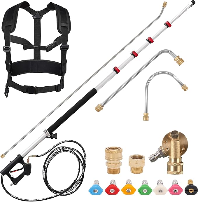 RIDGE WASHER 24 FT Telescoping Pressure Washer Wand, Pressure Washer Extension Wand, Telescopic Gutter Cleaner With 3 Curve Wands, 7 Spray Nozzle Tips, Adjustable Support Belt and 2 Adapters, 4000 PSI