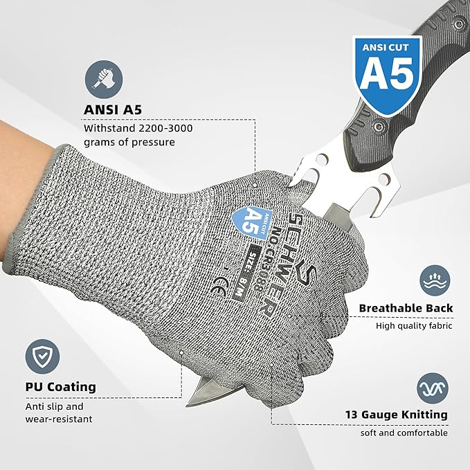Schwer 12 Pairs ANSI A5 Cut Resistant Work Gloves, Cut Proof Gloves with PU Coating, Used for Metal Fabrication, WoodWorking, Construction, Non Slip, Durable, L, CR3088