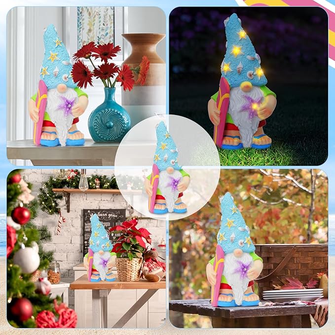 Womens Gifts Solar Garden Outdoor Statues Gnome with Surfboard and 5 LED Lights - Unique Housewarming Gifts Lawn Decor Statue for Patio, Balcony, Yard Ornament