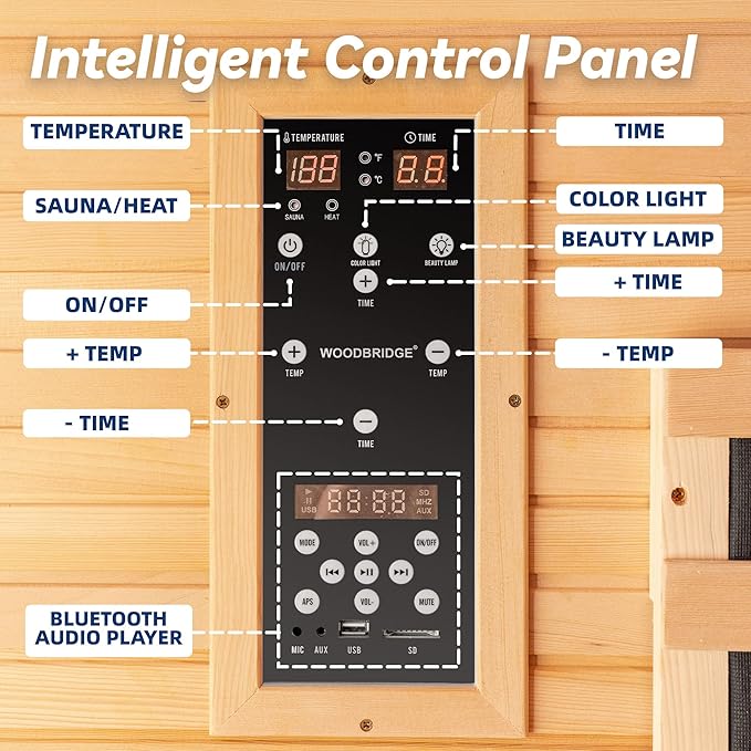 Woodbridge Infrared Home Sauna Room 2 Person Hemlock Wooden Indoor Sauna with 7 Carbon Heaters, Red Light Therapy, Bluetooth Speaker, Intelligent Control Panel, Tempered Glass & Top Vent