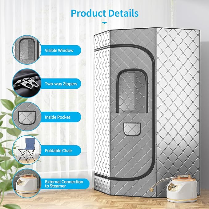 Home Steam Sauna Box, Portable Sauna for Home, Steam Sauna Tnet Full Size Single Person Sauna with 3.0L&1500W Steamer, Remote Control, Foldable Chair & RGB LED Light （Silver）