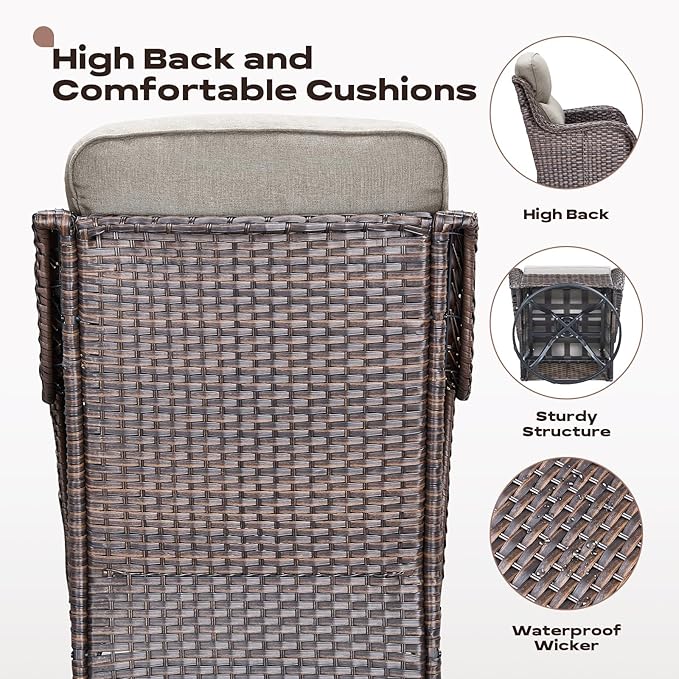 Rilyson Wicker Outdoor Patio Furniture Set - 4 Piece Patio Conversation Set with Swivel Rocker Chairs and Ottomans, 6 inch Cushions, High Back, Deep Seating, for Porch Deck Garden Brown/Beige