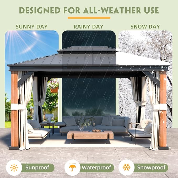 EROMMY 12' x 16' Hardtop Gazebo, Wooden Grain Aluminum Frame Thicker Column with Galvanized Steel Roof, Outdoor Permanent Pavilion with Curtains and Nettings for Patio, Backyard, Deck and Lawns