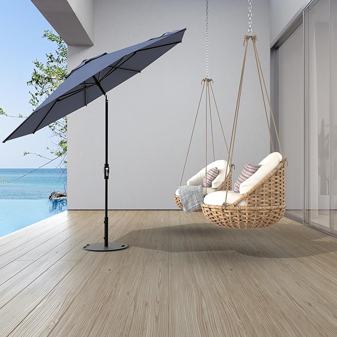 Midtown Umbrellas The Swilt 10 Feet Patio Umbrella in Terylast Light Navy Polyester Fabric - Fiberglass Ribs, Auto-Tilt Aluminum Frame For Backyard, Deck, Garden, Pool - White Pole