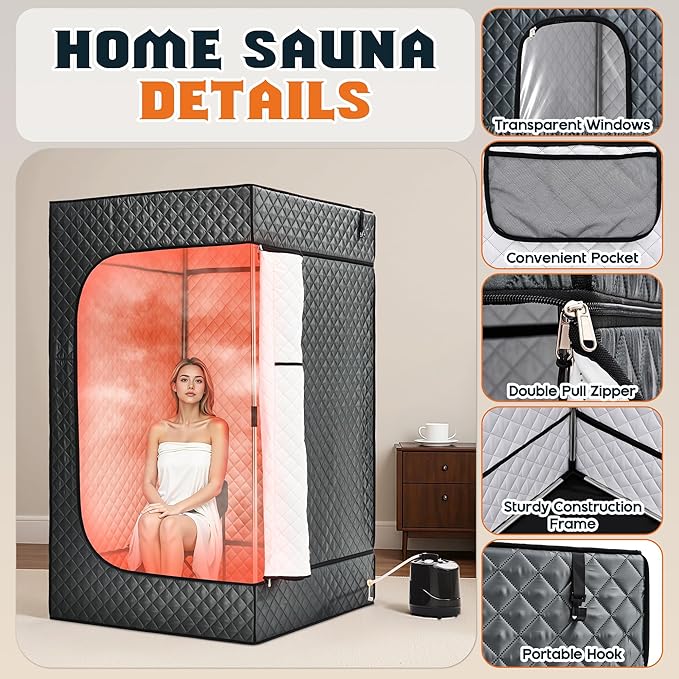 Albott Portable Sauna Box for Home, Person Steam Sauna Tent with 3L 1500W Steamer, Extra Large Size 3.3’ x 3.3’ x 5.9’ Full Body Home Spa, Remote Control, Folding Chair, Grey