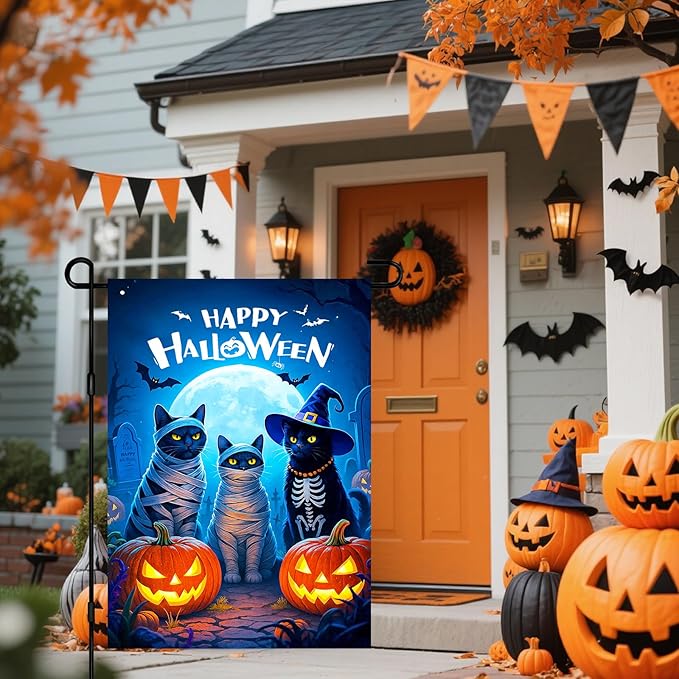 IVN Happy Halloween Garden Flag 12x18 Inch Double Sided Black Cat Skeleton Mummy Pumpkin Witch Hat Moon Outdoor Yard Flag for Outside Front Door Lawn Porch Patio Welcome Decor