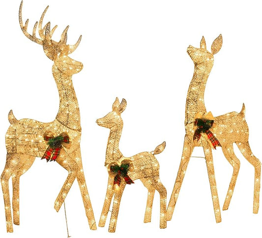Outdoor Reindeer Family Christmas Decor, 3-Piece Large Golden Deers (Buck/Doe/Fawn) Holiday Xmas Lawn Decorations, with 300 Warm White LED Lights, Prefect for Yard, Garden