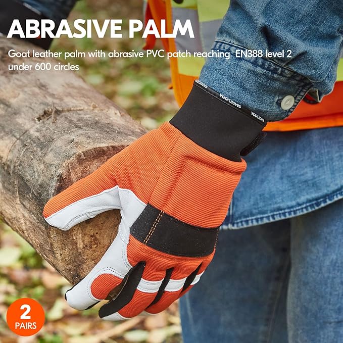 Vgo... 2-Pairs Chainsaw Gloves,Saw Protection on Left Hand Back,Goat Leather(L,Orange,GA8912)