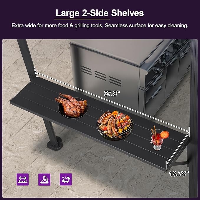 PURPLE LEAF 6' X 8' Hardtop Grill Gazebo for Patio Aluminum Barbeque Gazebo Canopy with 24 Clear Light Bulbs and Shelves Double Tiered Grey Outdoor BBQ
