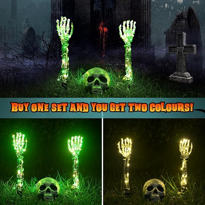 Maxee Halloween Luminous Skeleton Skull Set, 1 Skull & 2 Skull Hands with 5 m Fairy Lights & Remote Control (8 Modes & Timer), 2 Warm Fairy Lights (3 Modes), Halloween Decoration for Outdoor Garden