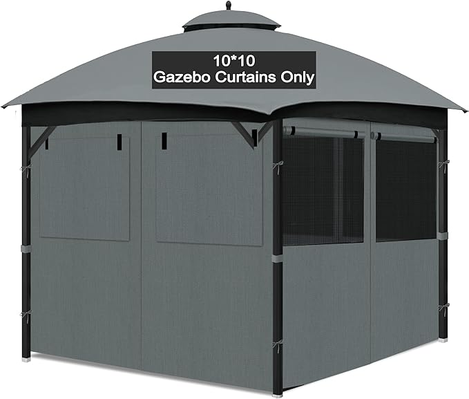 Gazebo Privacy Curtain 10'x10', Replacement Curtains with Mosquito Net Windows, 4-Panels Side Wall, Zippers, Waterproof Outdoor Curtains for Patio, Canopy, Garden and Backyard, Gray (Curtain Only)