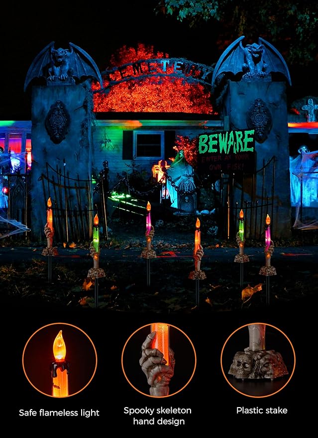 Halloween Decorations, 6 Pack Skeleton Hands Hold Lighted Candle Stakes, Waterproof Battery Operated Pathway Decor with Timer, Light Up for Tabletop Indoor Outdoor Party Lawn Yard Garden Warm White